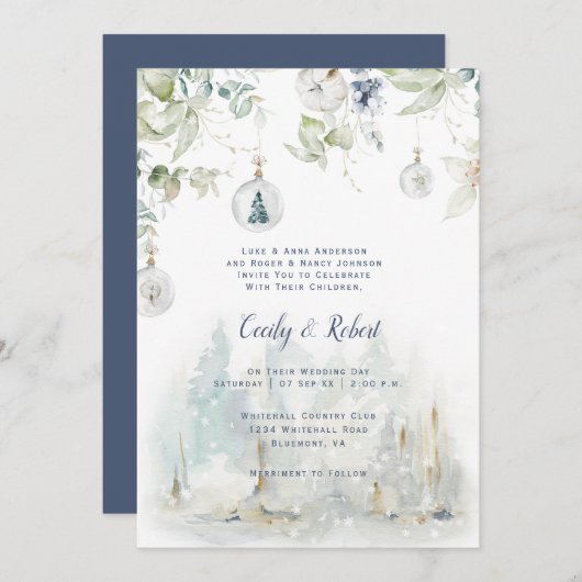 Invitation Dusty Blue Sage Vert Floral neige Globales Mariage (Devant / Derrière)