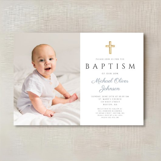 Invitation Dusty Blue Script Cross Boy Photo Baptême