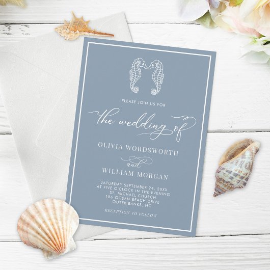 Invitation Dusty Blue Seahorse Coastal Beach Script Mariage