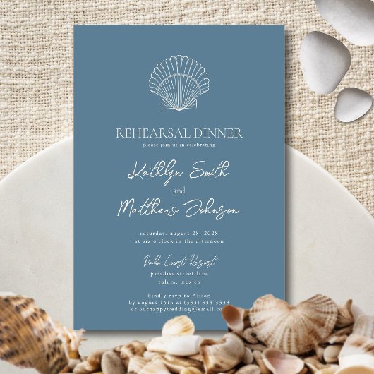 Invitation Dusty Blue Seashell Beach Ocean Rehearer Dîner