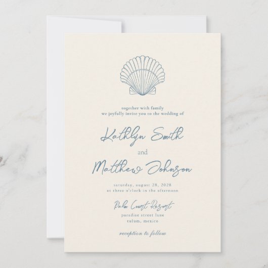 Invitation Dusty Blue Shell Beach Ocean Destination Mariage (Devant)