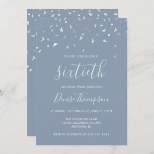 Invitation Dusty Blue Silver Confetti 60e fête d'anniversaire