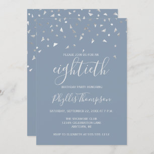 Invitation Dusty Blue Silver Confetti 80e fête d'anniversaire