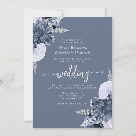 Invitation Dusty Blue Silver Floral Mariage (Devant)