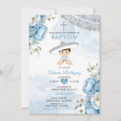 Invitation Dusty Blue Silver Floral Mexicain garçon Baptême (Devant)