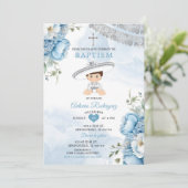 Invitation Dusty Blue Silver Floral Mexicain garçon Baptême (Debout devant)