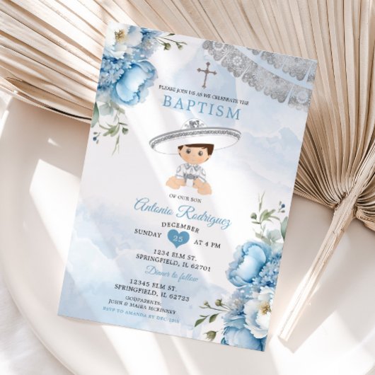 Invitation Dusty Blue Silver Floral Mexicain garçon Baptême