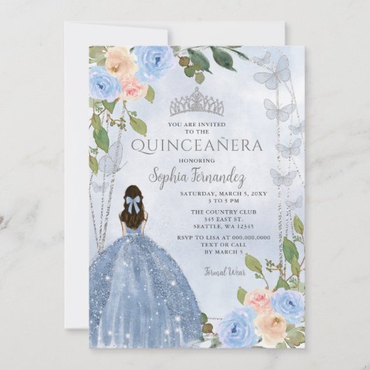 Invitation Dusty Blue Silver Floral Princess Quinceañera (Devant)