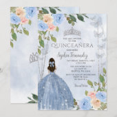Invitation Dusty Blue Silver Floral Princess Quinceañera (Devant / Derrière)