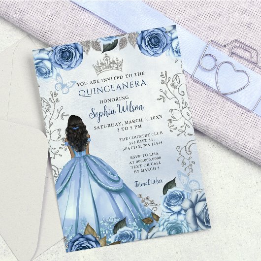 Invitation Dusty Blue Silver Floral Princess Quinceañera