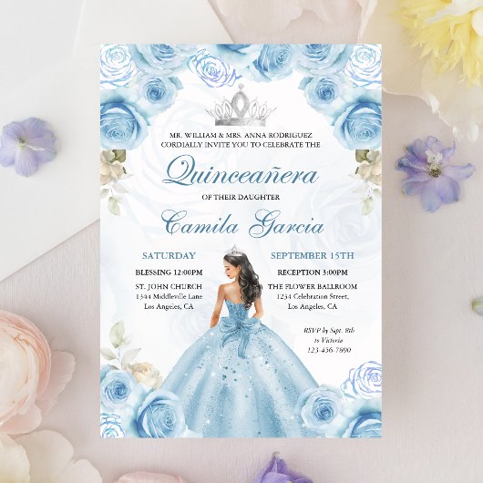 Invitation Dusty Blue & Silver Floral Princess Quinceañera