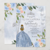 Invitation Dusty Blue Silver Floral Princess Quinceañera (Devant / Derrière)