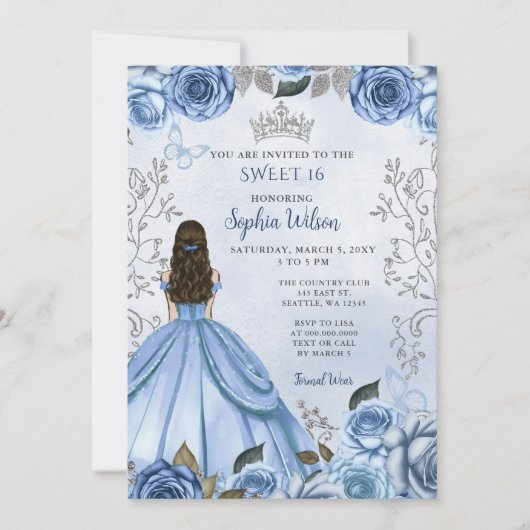 Invitation Dusty Blue Silver Floral Princess Sweet 16 (Devant)