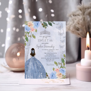 Invitation Dusty Blue Silver Floral Princess Sweet 16