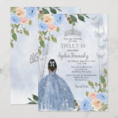 Invitation Dusty Blue Silver Floral Princess Sweet 16 (Devant / Derrière)