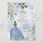 Invitation Dusty Blue Silver Floral Princess Sweet 16 (Devant / Derrière)