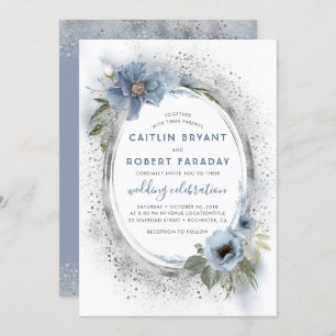 Invitation Dusty Blue & Silver Parties scintillant Floral Rus