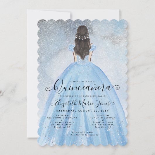 Invitation Dusty Blue Silver Parties scintillant Princesse Qu (Devant)