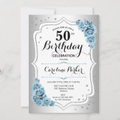 Invitation Dusty Blue Silver Photo Elégant 50e anniversaire (Devant)