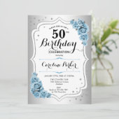 Invitation Dusty Blue Silver Photo Elégant 50e anniversaire (Debout devant)