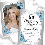 Invitation Dusty Blue Silver Photo Elégant 50e anniversaire<br><div class="desc">Elégante invitation à 50e anniversaire fleurie avec votre photo au verso de la carte. Design de glam avec faux argent. Caractéristiques des roses bleus poussiéreux, police de script et confetti. Parfait pour une fête anniversaire adulte élégante. Personnalisez avec vos propres détails. Peut être customisé pour n'importe quel âge ! Invitations...</div>