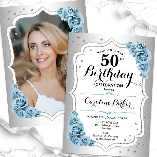 Invitation Dusty Blue Silver Photo Elégant 50e anniversaire