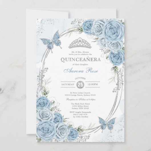 Invitation Dusty Blue Silver Quinceanera 15e anniversaire fêt (Devant)