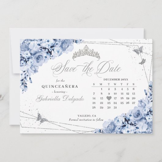 Invitation Dusty Blue & Silver Quinceañera Enregistrer La Dat (Devant)