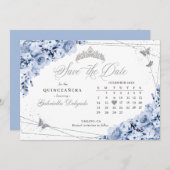 Invitation Dusty Blue & Silver Quinceañera Enregistrer La Dat (Devant / Derrière)