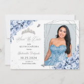 Invitation Dusty Blue Silver Quinceañera Enregistrer la date  (Devant)