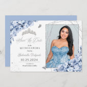 Invitation Dusty Blue Silver Quinceañera Enregistrer la date  (Devant / Derrière)
