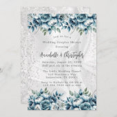 Invitation Dusty Blue Silver Rose Couples Mariage Douche (Devant / Derrière)
