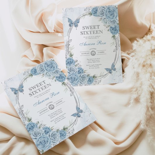 Invitation Dusty Blue Silver Sweet sixteen 16e anniversaire