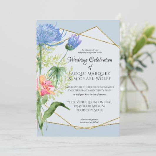 Invitation Dusty Blue Simple Aquarelle Moderne Florale Mariag (Debout devant)