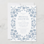 Invitation Dusty Blue Simple Blanc Folk Fête des mariées flor (Devant)