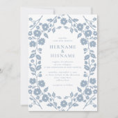 Invitation Dusty Blue Simple Blanc Folk Floral Mariage (Devant)