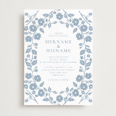 Invitation Dusty Blue Simple Blanc Folk Floral Mariage