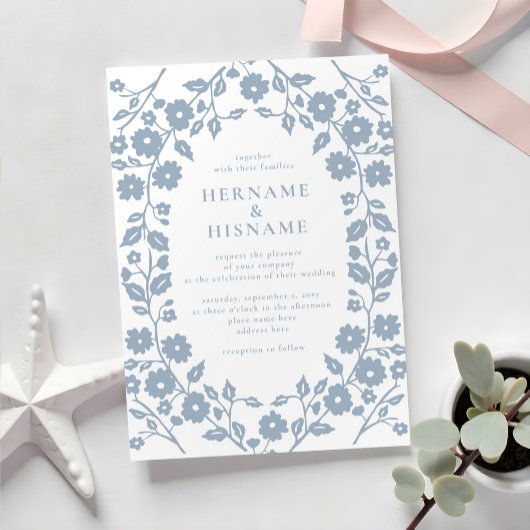 Invitation Dusty Blue Simple Blanc Folk Floral Mariage