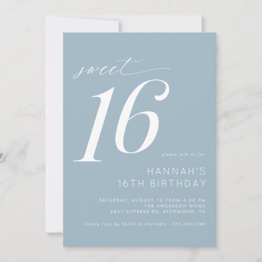 Invitation Dusty Blue | Simple moderne Sweet 16 Anniversaire (Devant)