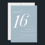 Invitation Dusty Blue | Simple moderne Sweet 16 Anniversaire<br><div class="desc">Invitations de sweet sixteen moderne avec accents de script. Simple,  décontracté et joli. Couleur bleu clair muet avec police blanche.</div>