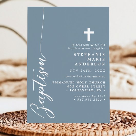 Invitation Dusty Blue Simple Script moderne Baptême