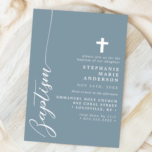 Invitation Dusty Blue Simple Script moderne Baptême