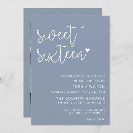 Invitation Dusty Blue Simple Script Sweet 16 Anniversaire Pho (Devant / Derrière)