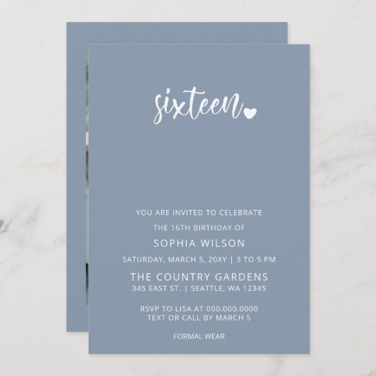 Invitation Dusty Blue Simple Script Sweet 16 Anniversaire Pho (Devant / Derrière)