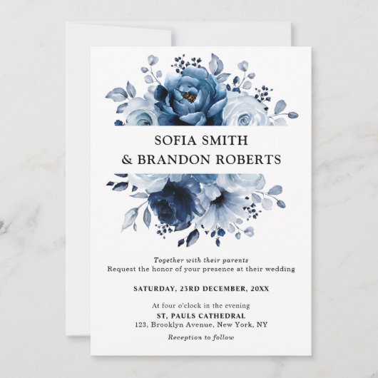 Invitation Dusty Blue Slate Navy Floral Botanal Mariage (Devant)