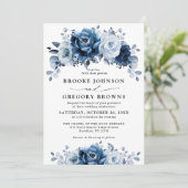 Invitation Dusty Blue Slate Navy Floral Botanal Mariage (Debout devant)