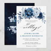 Invitation Dusty Blue Slate Navy Floral Botanal Mariage (Devant / Derrière)