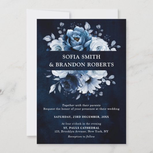 Invitation Dusty Blue Slate Navy Floral Botanal Mariage Inv (Devant)