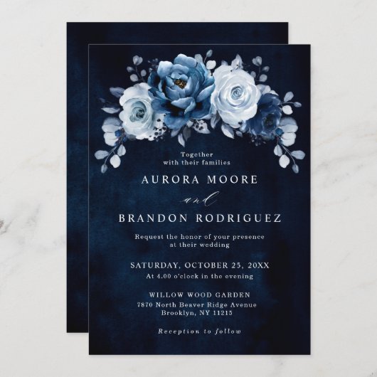 Invitation Dusty Blue Slate Navy Floral Botanal Mariage Inv (Devant / Derrière)
