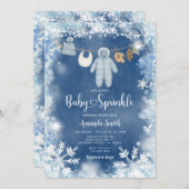 Invitation Dusty Blue Snowflake Boy Clothesline Baby Sprinkle (Devant / Derrière)
